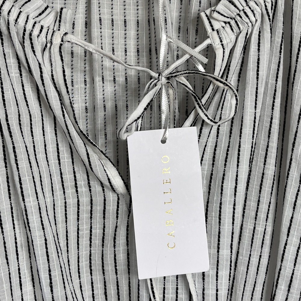 Caballero Harper Top Peplum Striped Ruffle Sleeve Tie Neck White Black Size S - Picture 7 of 9
